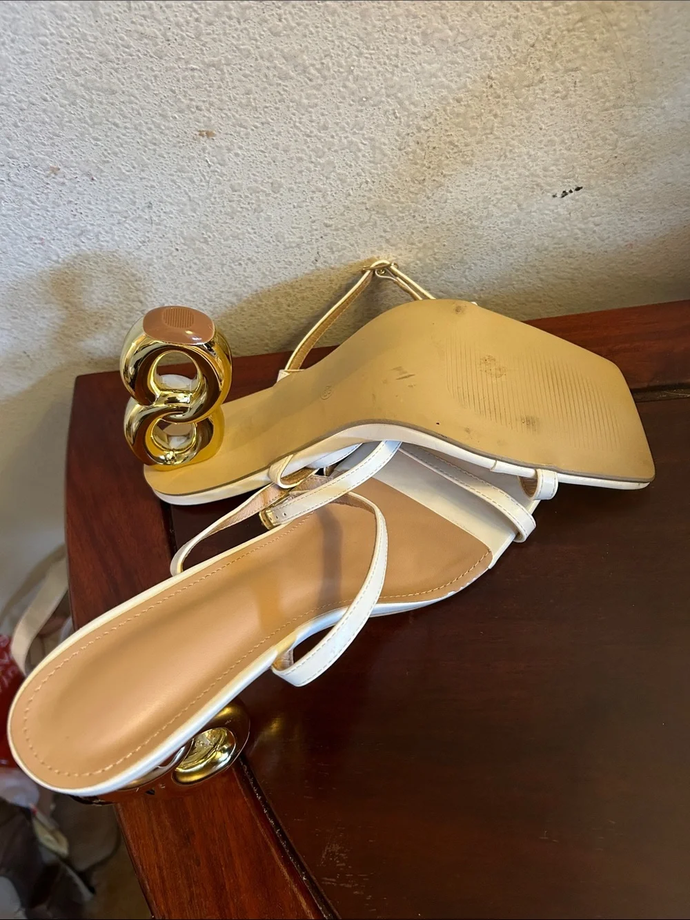 White Strappy Heeled Sandals with Sculptural Gold Ring Heel